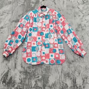 Vintage All Hours Top Womens M Pink Blue Geometric Silky Brocade Long Sleeve
